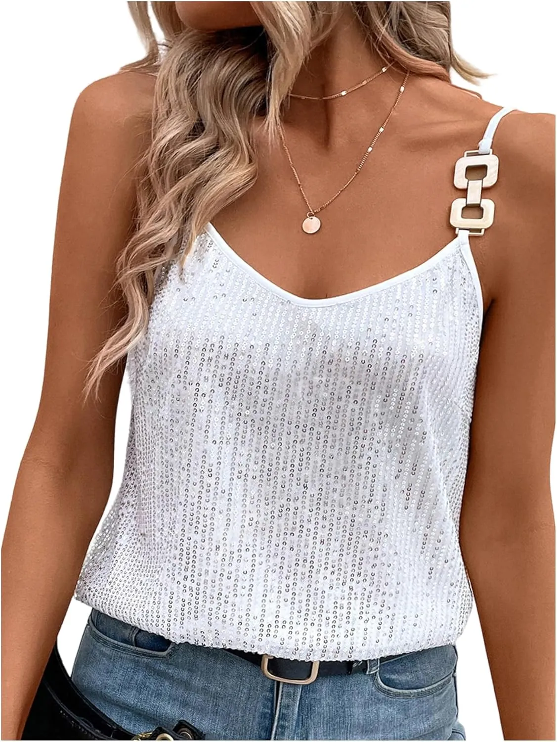 SweatyRocks Women's Summer Spaghetti Strap Chain Detail Camisoles Sequin Sparkle Party Club Tank Top
