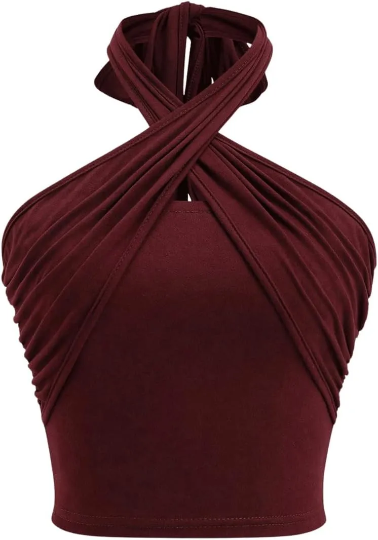 SweatyRocks Women's Y2K Going Out Ruched Crisscross Wrap Halter Crop Tank Top Slim Fit Camisole