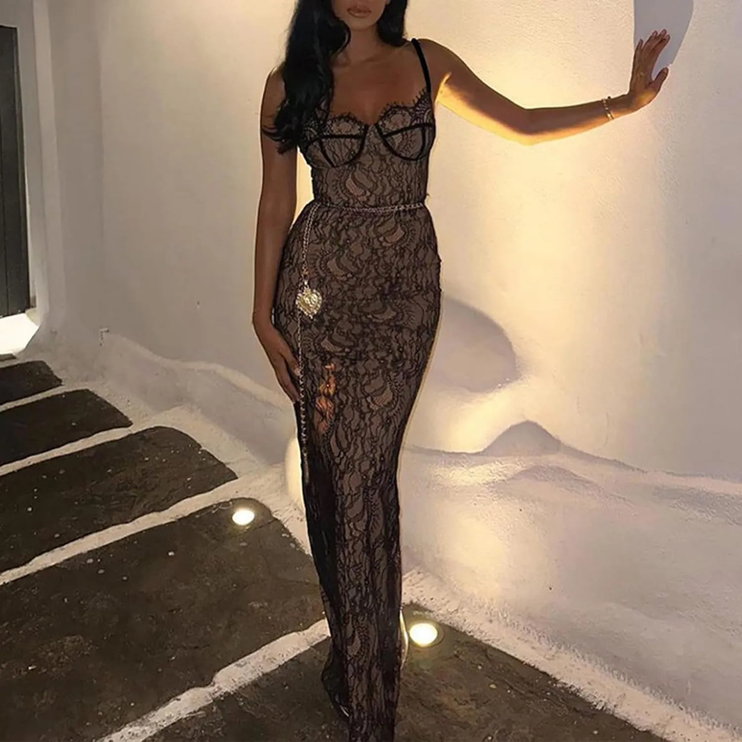 Tempura Women Lace Sheer Lingerie Set See-Through Sleeveless Camisoles High Waist Long Skirts with Chain 2Pcs Outfit