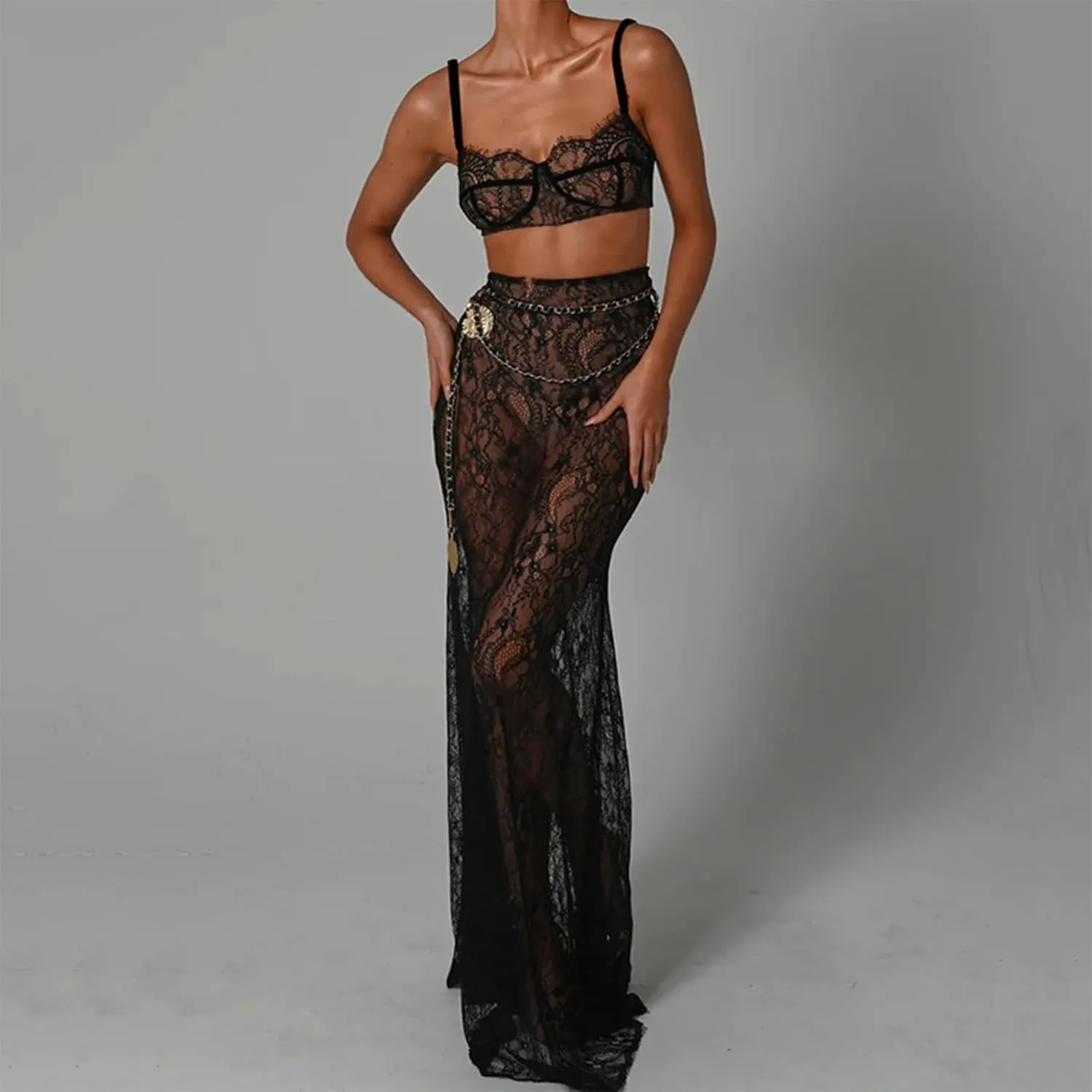 Tempura Women Lace Sheer Lingerie Set See-Through Sleeveless Camisoles High Waist Long Skirts with Chain 2Pcs Outfit