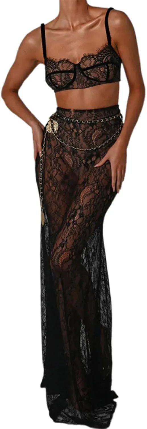 Tempura Women Lace Sheer Lingerie Set See-Through Sleeveless Camisoles High Waist Long Skirts with Chain 2Pcs Outfit