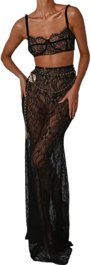 Tempura Women Lace Sheer Lingerie Set See-Through Sleeveless Camisoles High Waist Long Skirts with Chain 2Pcs Outfit