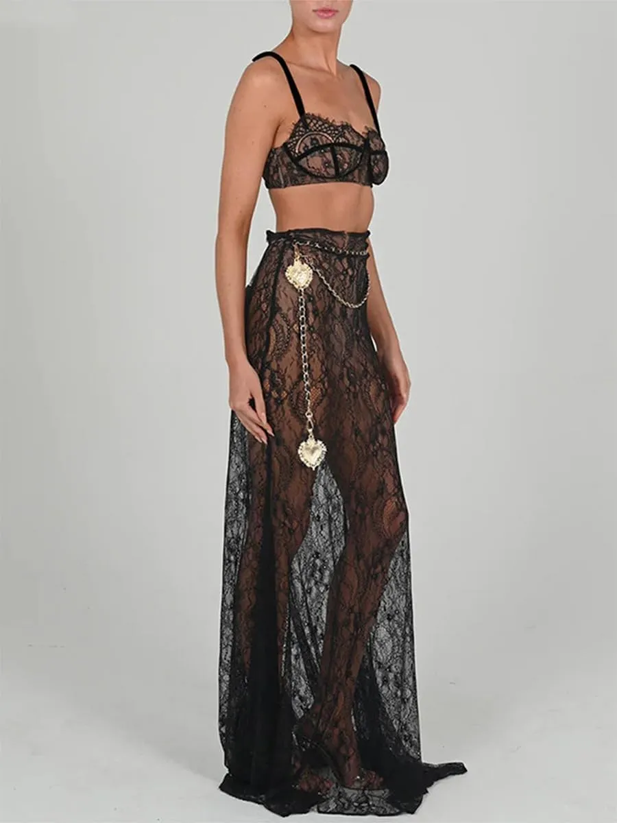 Tempura Women Lace Sheer Lingerie Set See-Through Sleeveless Camisoles High Waist Long Skirts with Chain 2Pcs Outfit