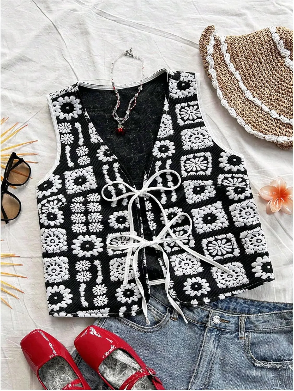 Verdusa Women's Bow Tie Floral Embroidered Vest Tops Boho V Neck Sleeveless Cardigan Outwear