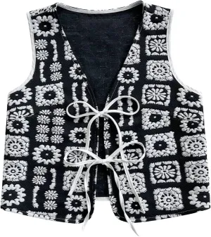 Verdusa Women's Bow Tie Floral Embroidered Vest Tops Boho V Neck Sleeveless Cardigan Outwear