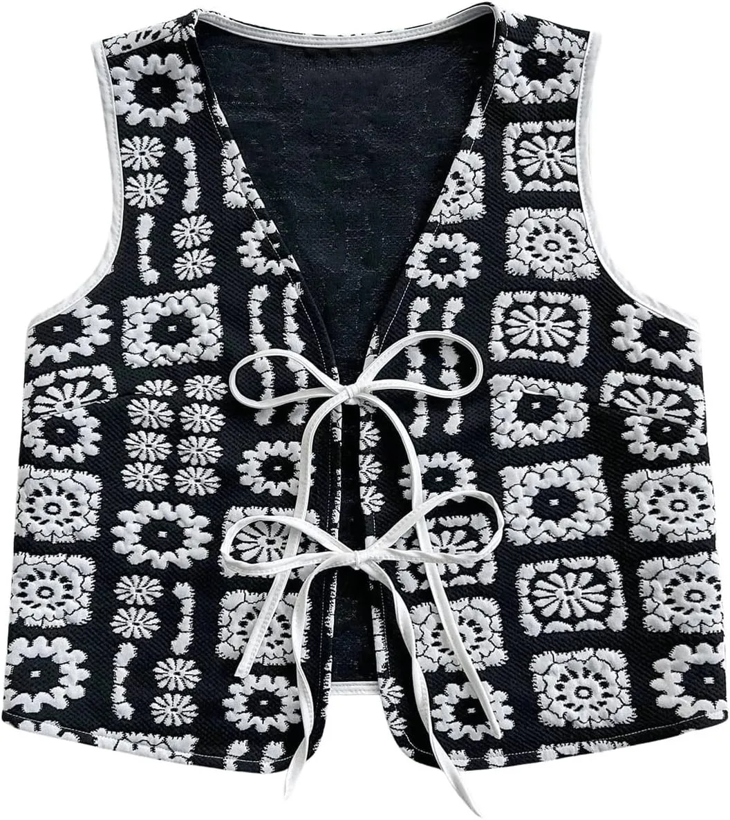 Verdusa Women's Bow Tie Floral Embroidered Vest Tops Boho V Neck Sleeveless Cardigan Outwear