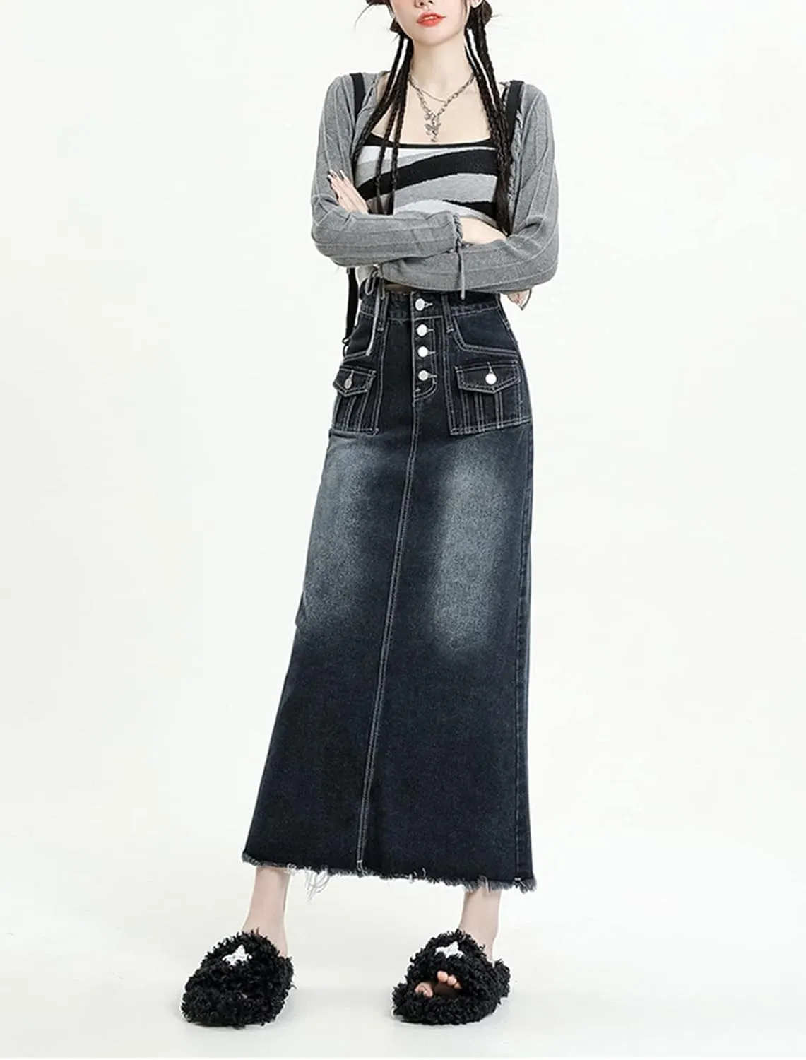 Viatabuna Womens Long Jean Skirt High Waisted A Line Frayed Raw Hem Denim Midi Skirt with Pockets for Teen Girls