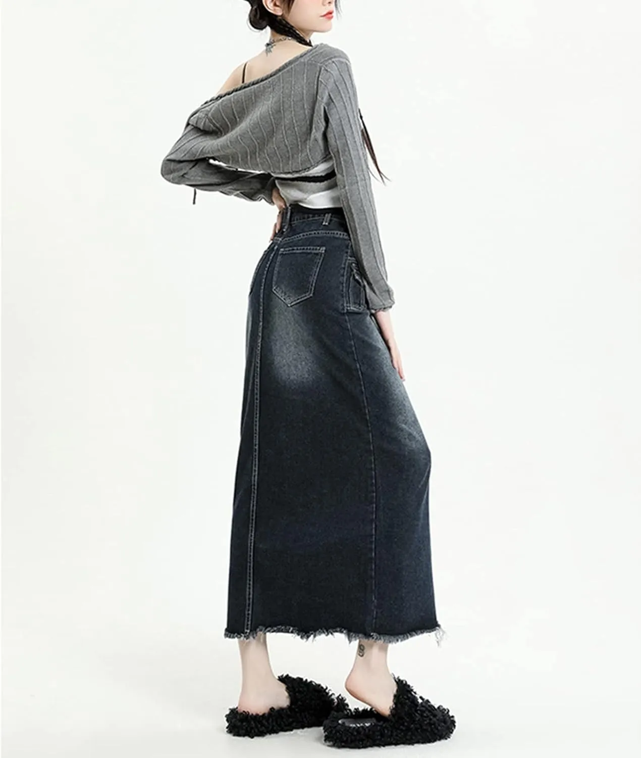 Viatabuna Womens Long Jean Skirt High Waisted A Line Frayed Raw Hem Denim Midi Skirt with Pockets for Teen Girls