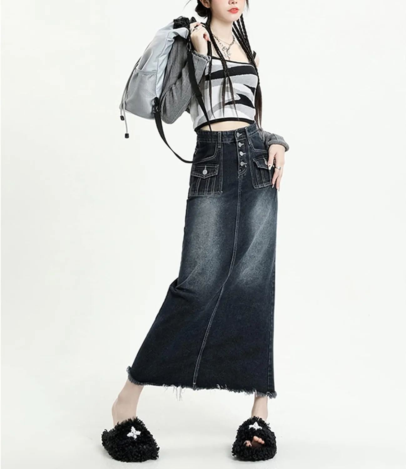 Viatabuna Womens Long Jean Skirt High Waisted A Line Frayed Raw Hem Denim Midi Skirt with Pockets for Teen Girls