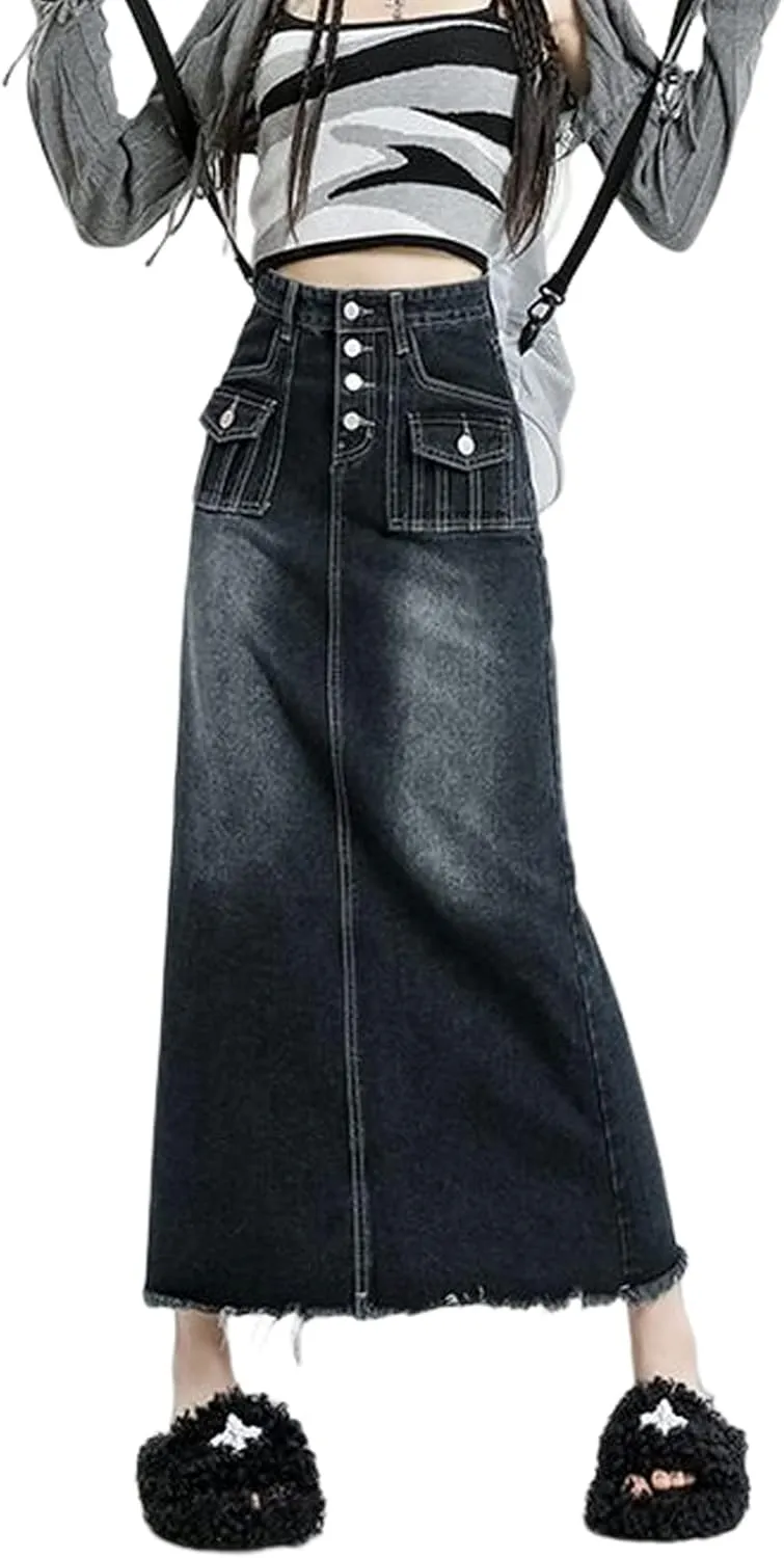 Viatabuna Womens Long Jean Skirt High Waisted A Line Frayed Raw Hem Denim Midi Skirt with Pockets for Teen Girls