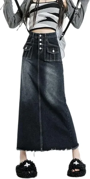 Viatabuna Womens Long Jean Skirt High Waisted A Line Frayed Raw Hem Denim Midi Skirt with Pockets for Teen Girls