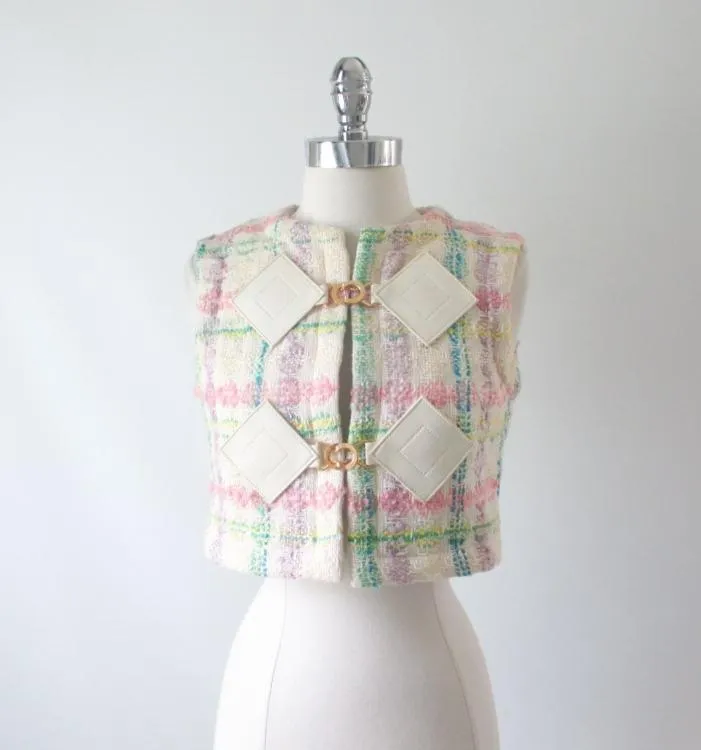 Vintage 60's Pierre Cardin MOD Vinyl Diamond Pastel Tweed Vest S