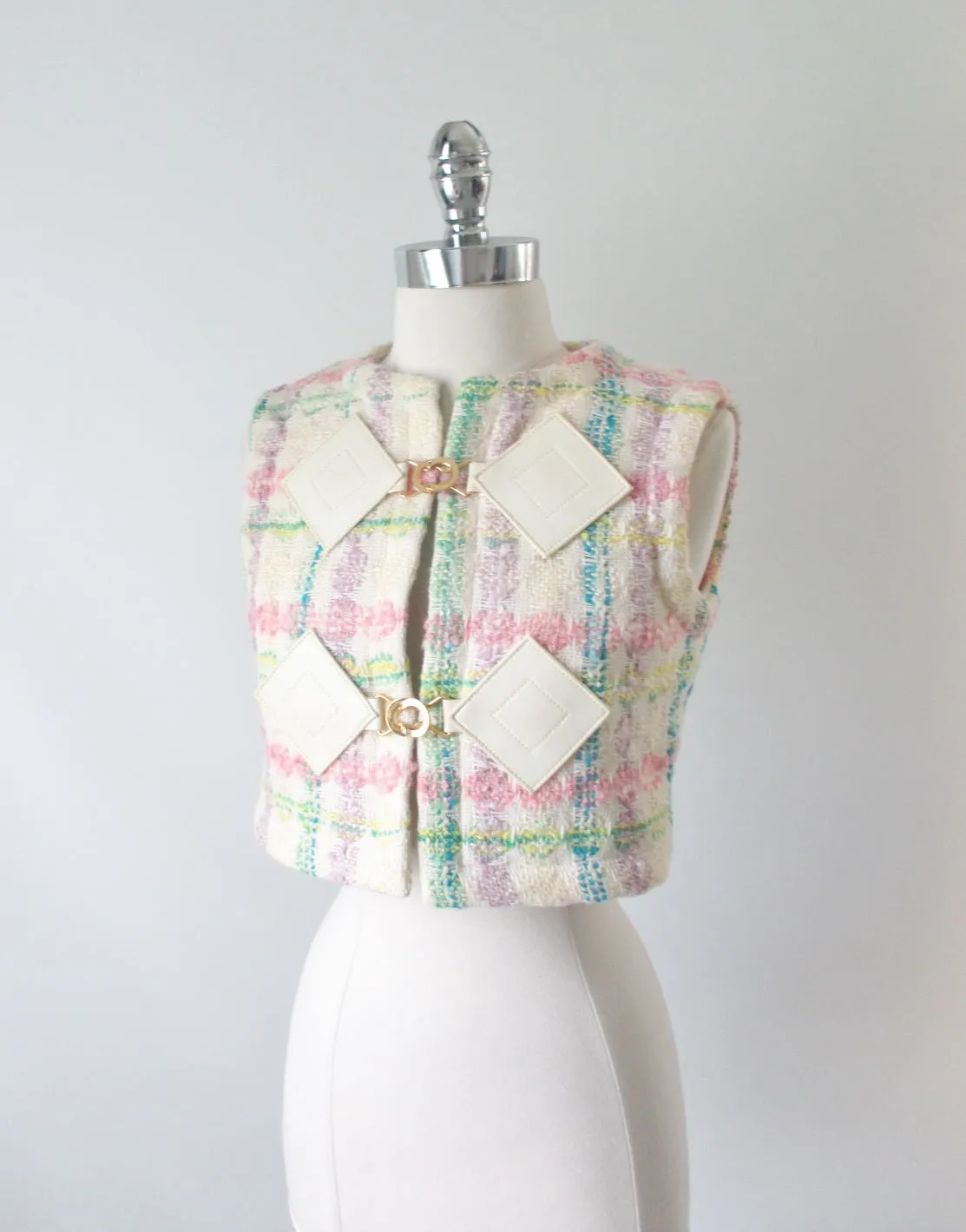 Vintage 60's Pierre Cardin MOD Vinyl Diamond Pastel Tweed Vest S