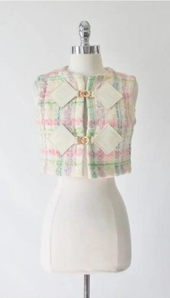Vintage 60's Pierre Cardin MOD Vinyl Diamond Pastel Tweed Vest S