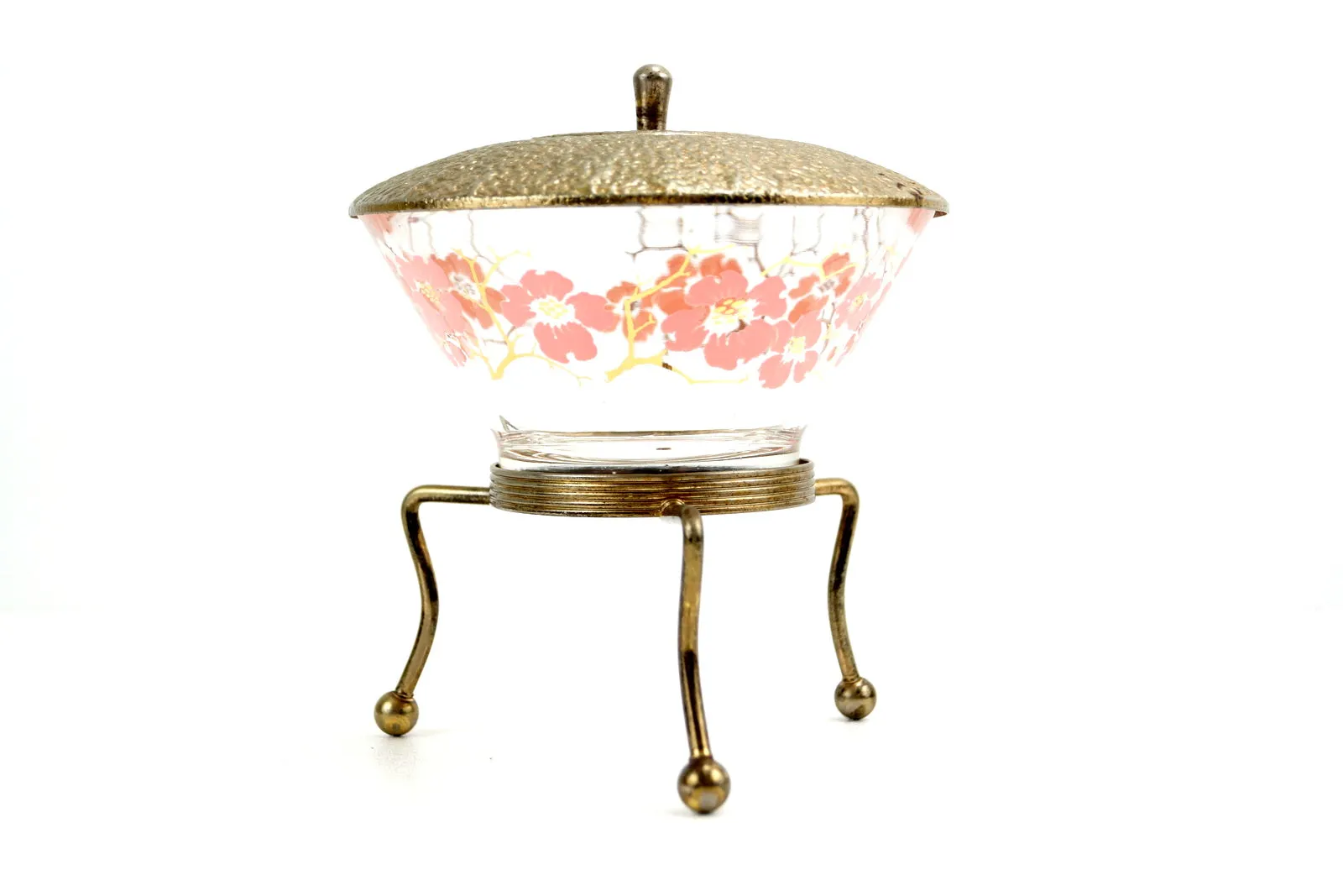 Vintage Glass Serving Bowl with Metal Tripod Stand and Lid (c.1950s)