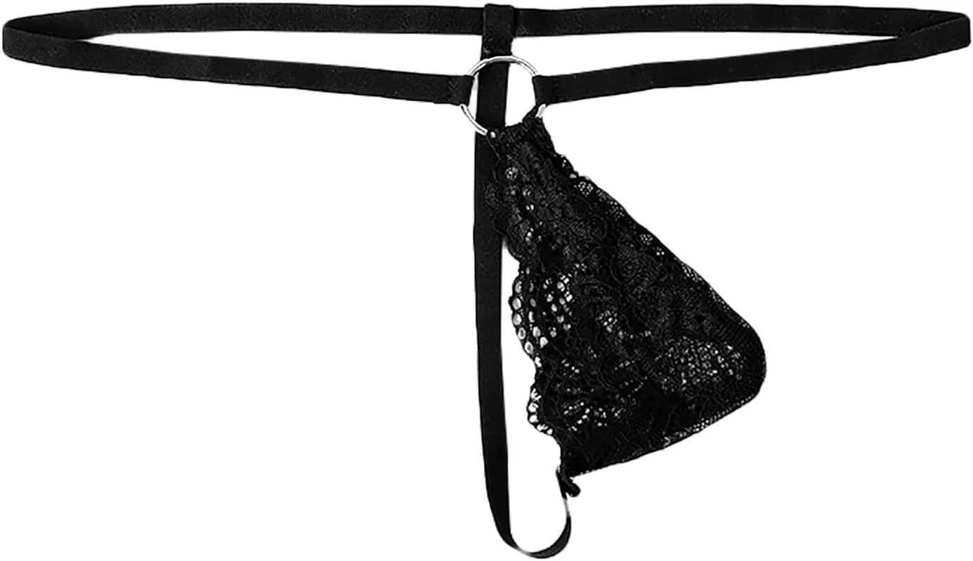 wodceeke Men's Sexy G-String Lace Thongs Pouch Sissy Lingerie T-Back Briefs See Through Underwear for Sex Naughty