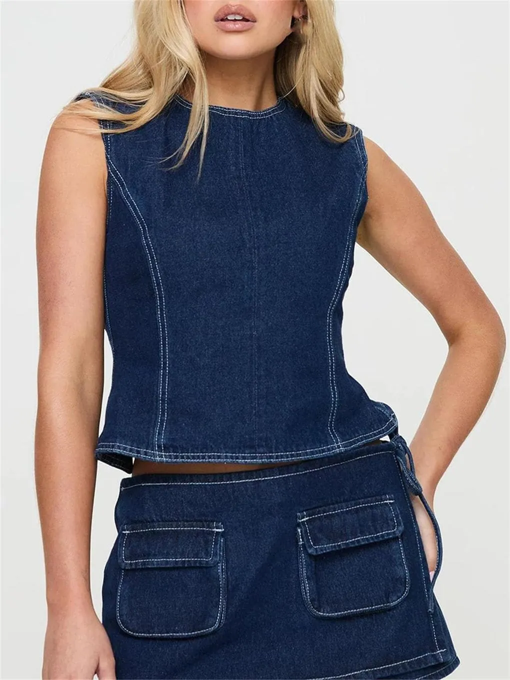 Women Denim Cami Tops Sleeveless O Neck Backless Fitted Camisoles