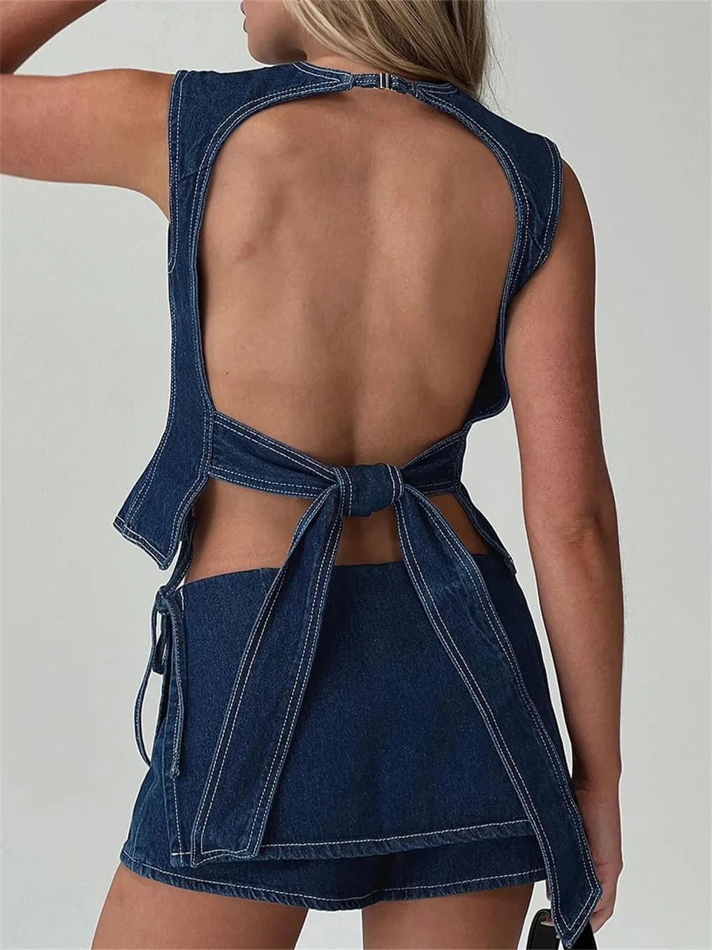 Women Denim Cami Tops Sleeveless O Neck Backless Fitted Camisoles