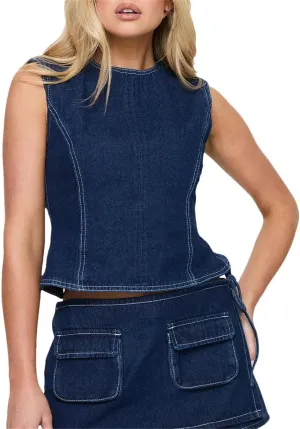 Women Denim Cami Tops Sleeveless O Neck Backless Fitted Camisoles