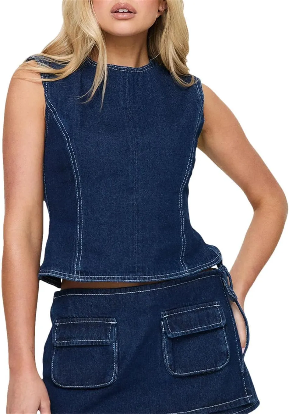 Women Denim Cami Tops Sleeveless O Neck Backless Fitted Camisoles