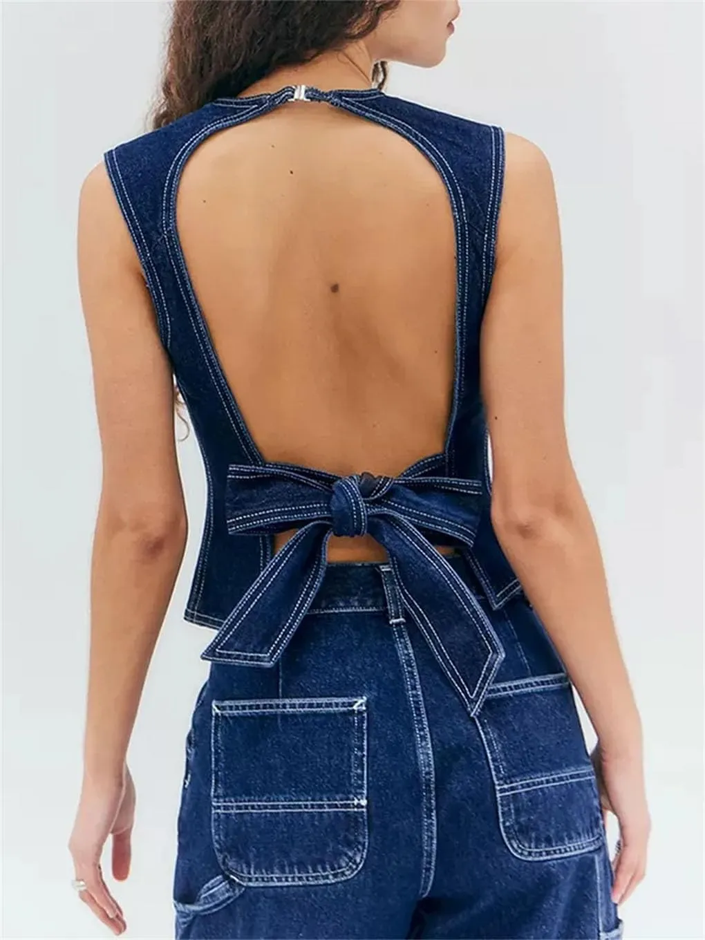 Women Denim Cami Tops Sleeveless O Neck Backless Fitted Camisoles