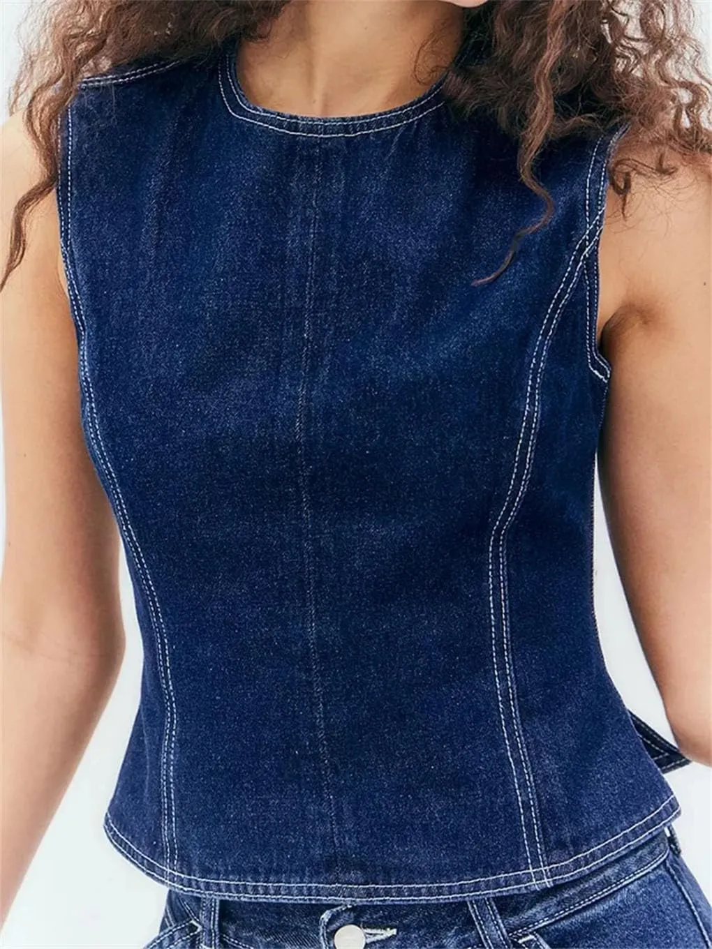 Women Denim Cami Tops Sleeveless O Neck Backless Fitted Camisoles