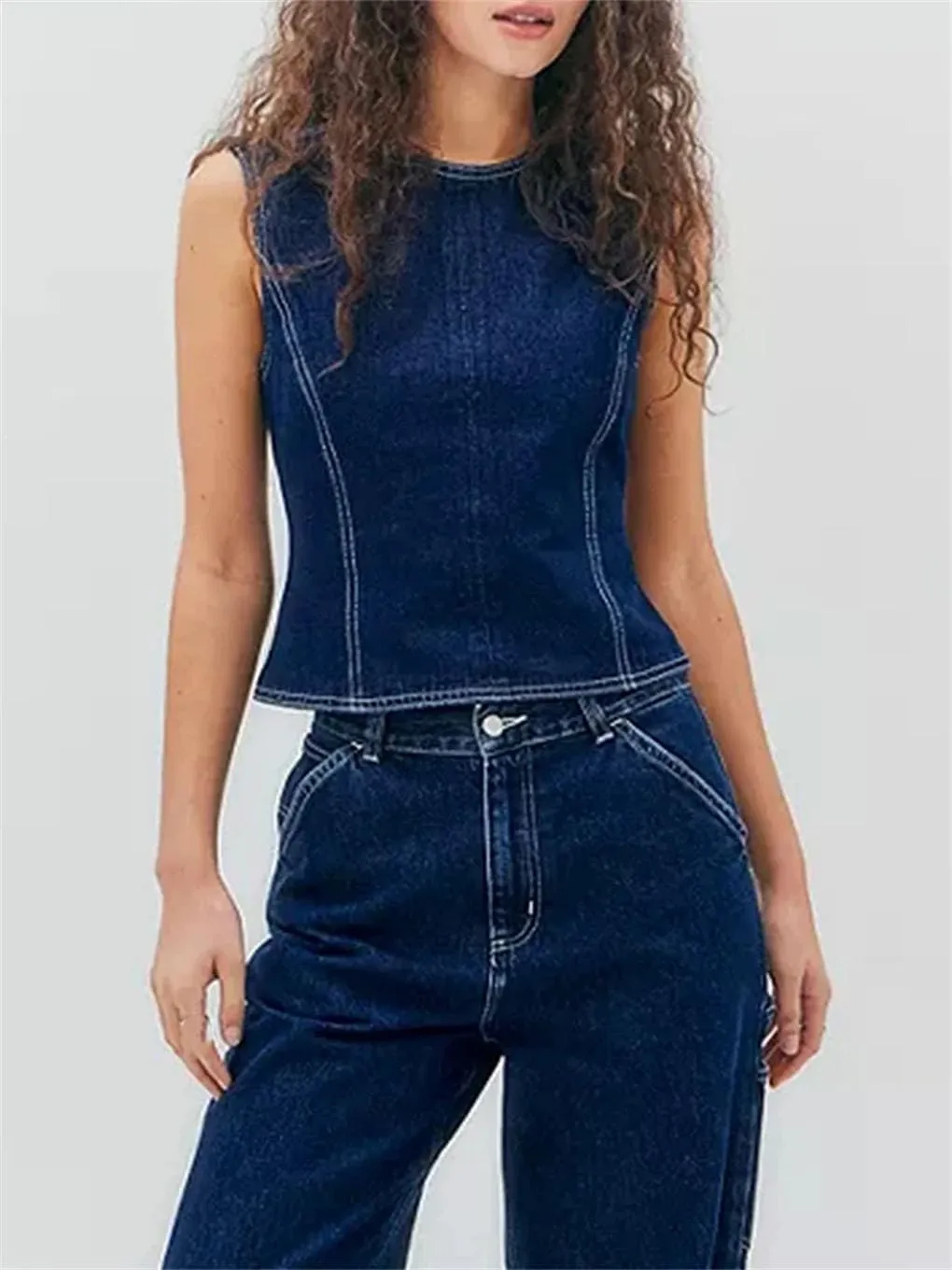 Women Denim Cami Tops Sleeveless O Neck Backless Fitted Camisoles
