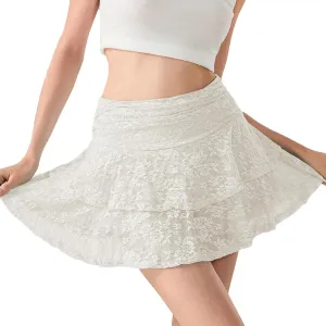 Women Floral Lace Mini Skirt with Shorts Underneath Flowy Skort High Waist Tiered Ruffle Skirts Casual Tennis Clubwear