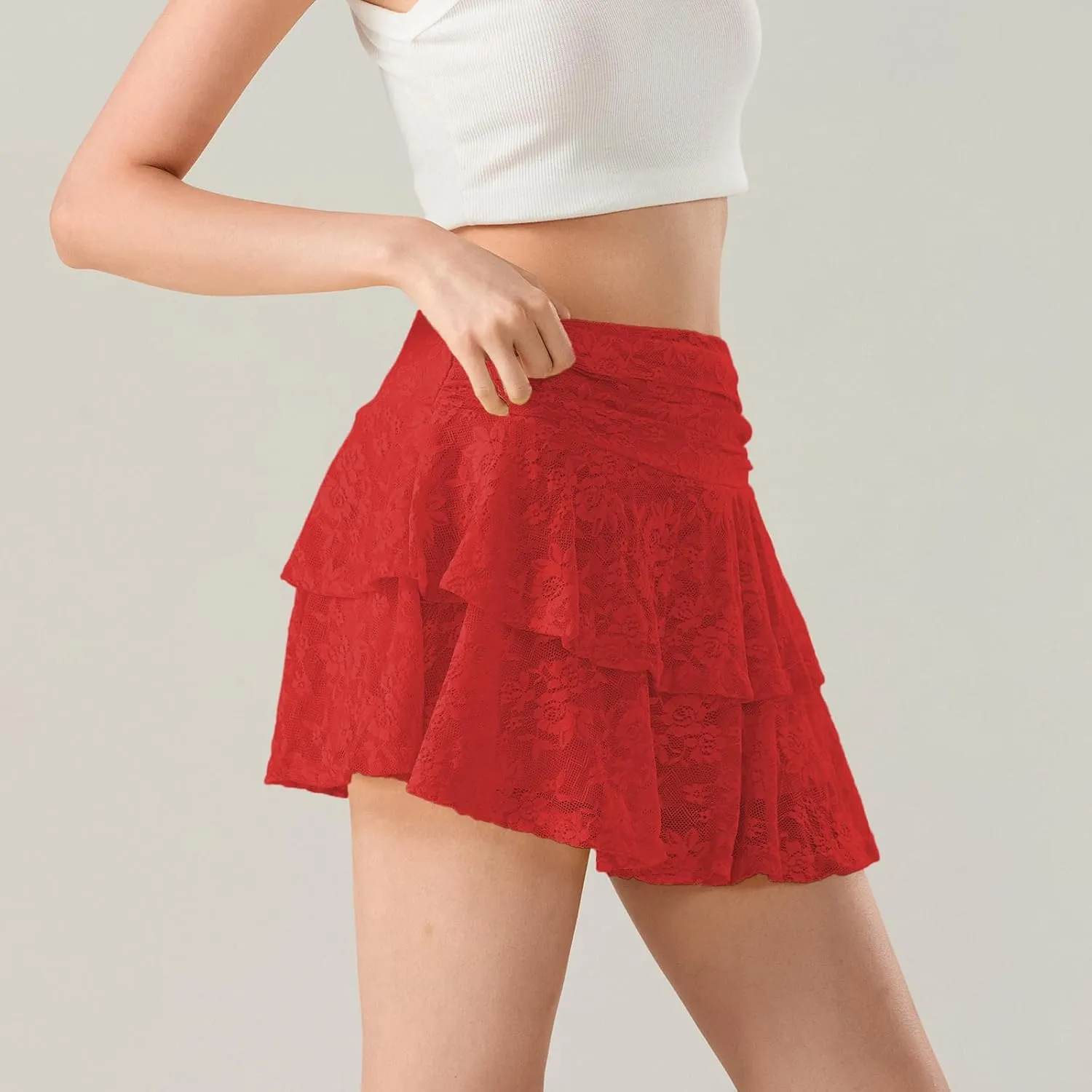 Women Floral Lace Mini Skirt with Shorts Underneath Flowy Skort High Waist Tiered Ruffle Skirts Casual Tennis Clubwear