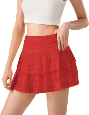 Women Floral Lace Mini Skirt with Shorts Underneath Flowy Skort High Waist Tiered Ruffle Skirts Casual Tennis Clubwear