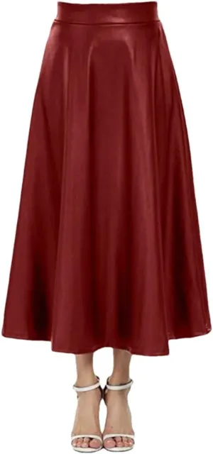Women Leather PU Skirt Solid Office Lady Midi Skirts High-Waisted Party Long Skirt