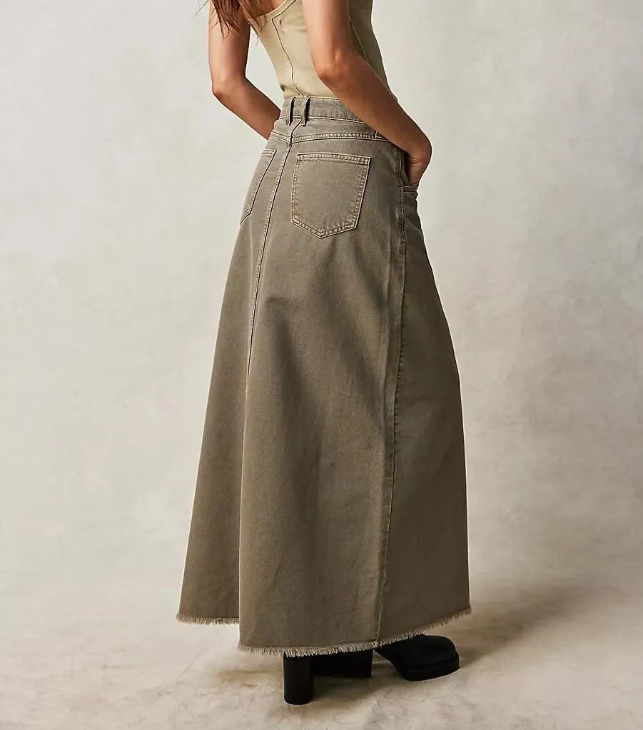 Women Mid Rise Denim Long Skirt Button Down A Line Jeans Skirt Bodycon Maxi Skirt Vintage Streetwear