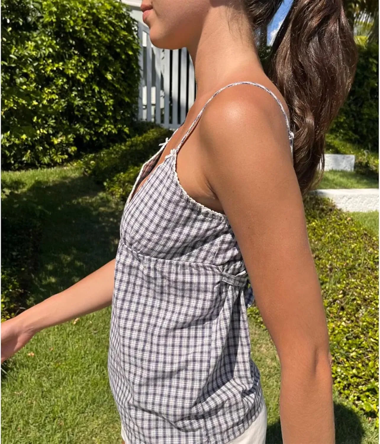Women Plaid Spaghetti Strap Tops Y2k Lace Trim V Neck Backless Camisole Summer Slim Fit Sleeveless Tank Top