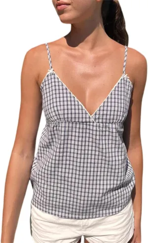 Women Plaid Spaghetti Strap Tops Y2k Lace Trim V Neck Backless Camisole Summer Slim Fit Sleeveless Tank Top
