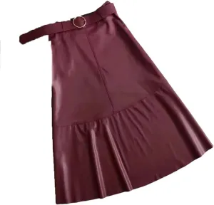 Women PU Leather Midi Skirts A-Line Casual Lady Solid with Belted High Waist Skirt