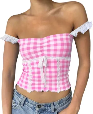 Women Sexy Low-Cut Plaid Camisoles Sleeveless Backless Slim Fit Lace Trim Cropped Strappy Tank Tops Streetwear