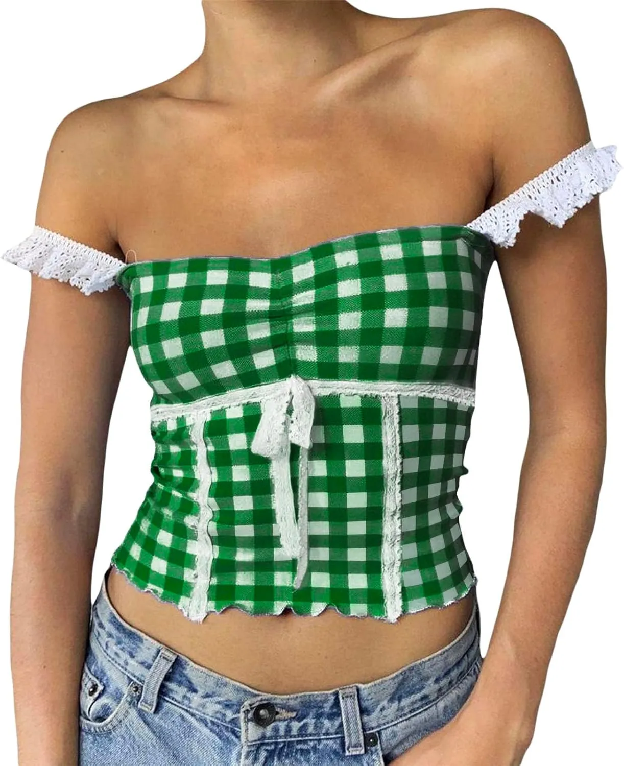 Women Sexy Low-Cut Plaid Camisoles Sleeveless Backless Slim Fit Lace Trim Cropped Strappy Tank Tops Streetwear