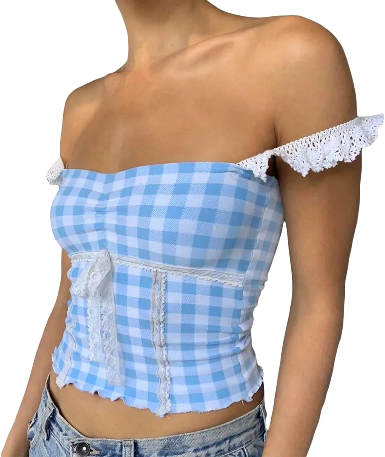Women Sexy Low-Cut Plaid Camisoles Sleeveless Backless Slim Fit Lace Trim Cropped Strappy Tank Tops Streetwear