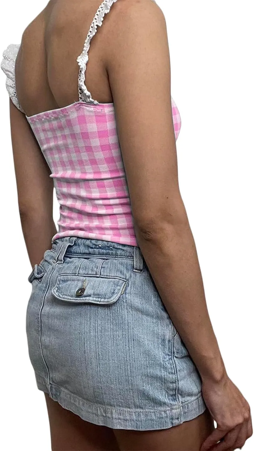 Women Sexy Low-Cut Plaid Camisoles Sleeveless Backless Slim Fit Lace Trim Cropped Strappy Tank Tops Streetwear
