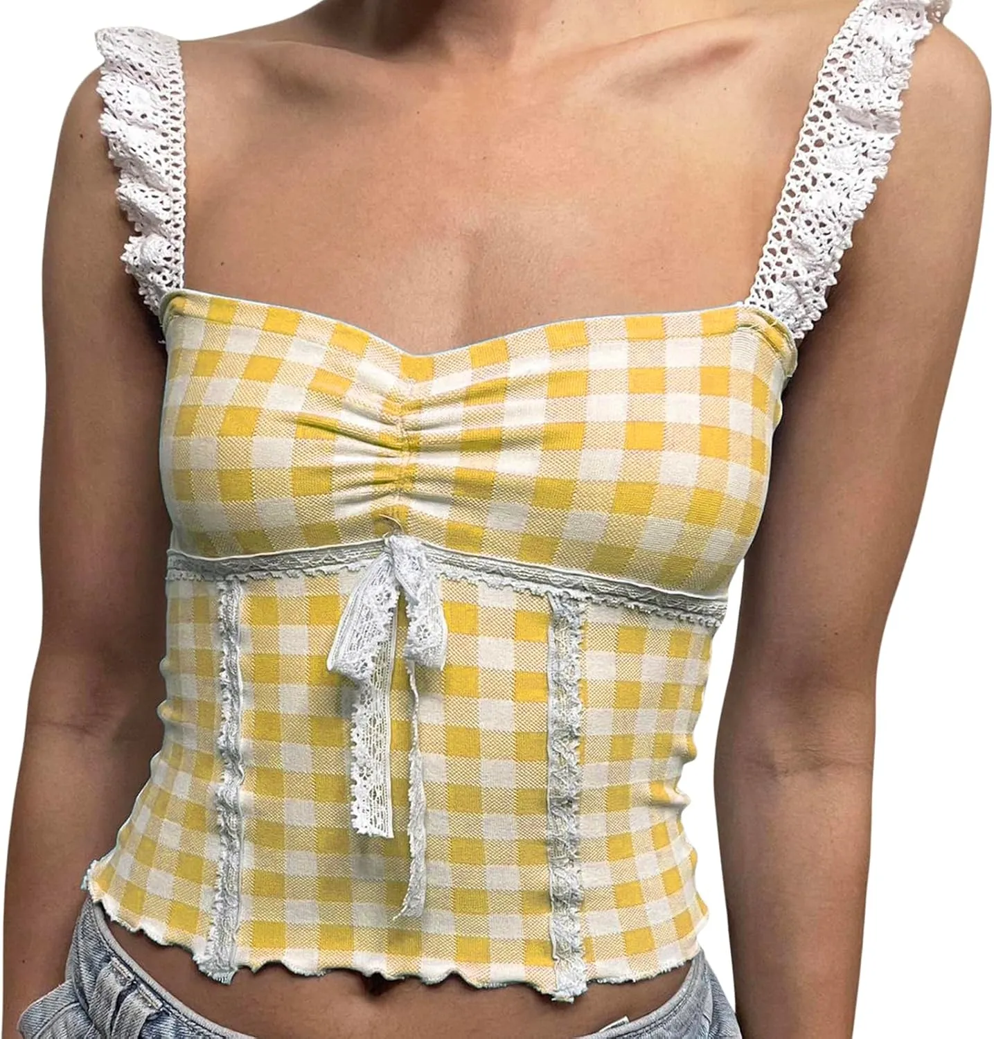 Women Sexy Low-Cut Plaid Camisoles Sleeveless Backless Slim Fit Lace Trim Cropped Strappy Tank Tops Streetwear