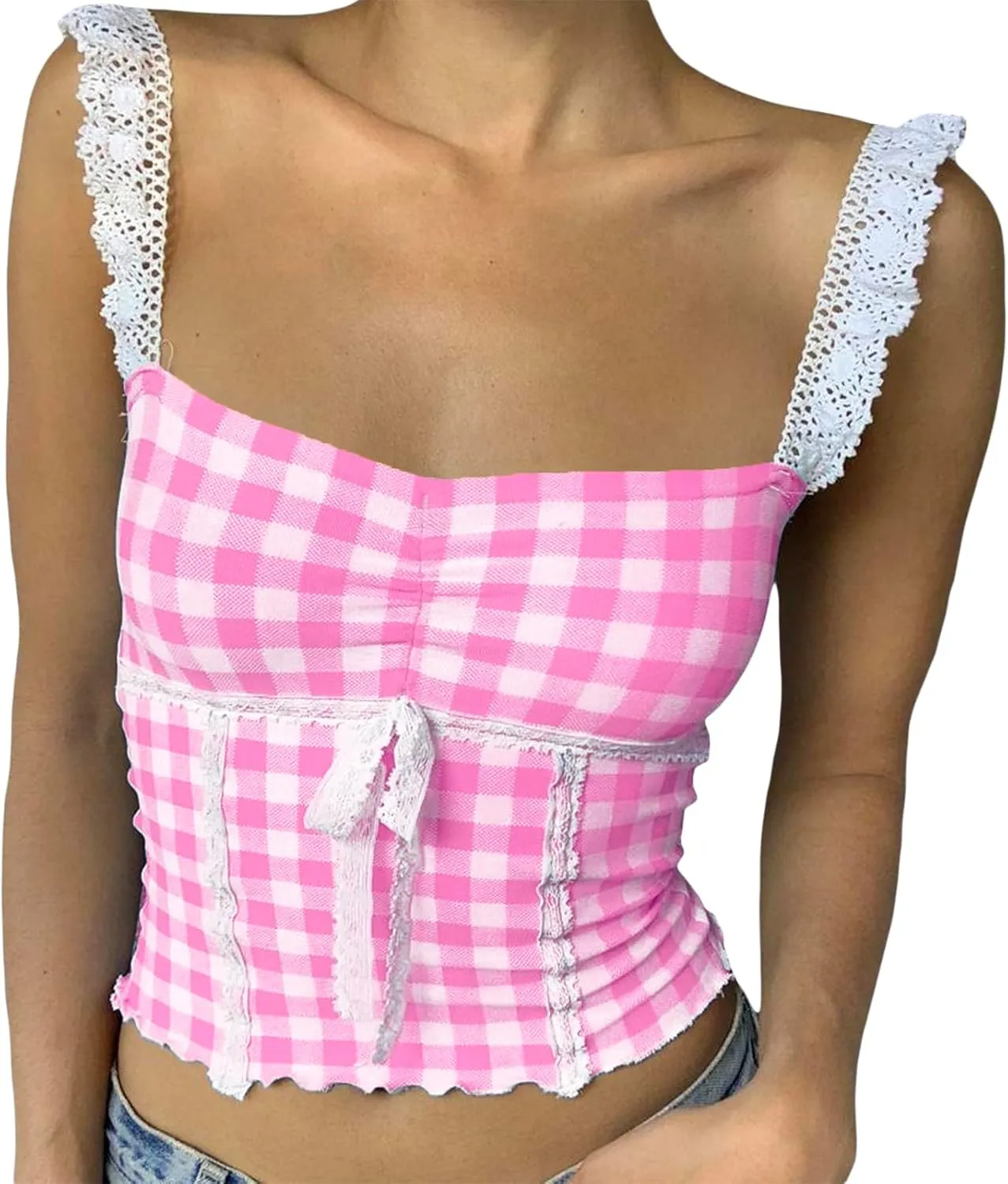 Women Sexy Low-Cut Plaid Camisoles Sleeveless Backless Slim Fit Lace Trim Cropped Strappy Tank Tops Streetwear
