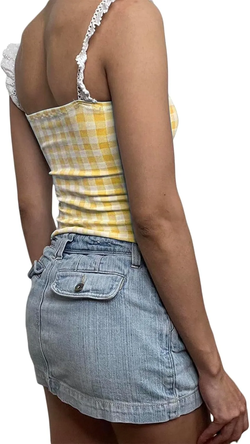 Women Sexy Low-Cut Plaid Camisoles Sleeveless Backless Slim Fit Lace Trim Cropped Strappy Tank Tops Streetwear