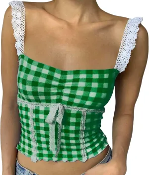 Women Sexy Low-Cut Plaid Camisoles Sleeveless Backless Slim Fit Lace Trim Cropped Strappy Tank Tops Streetwear