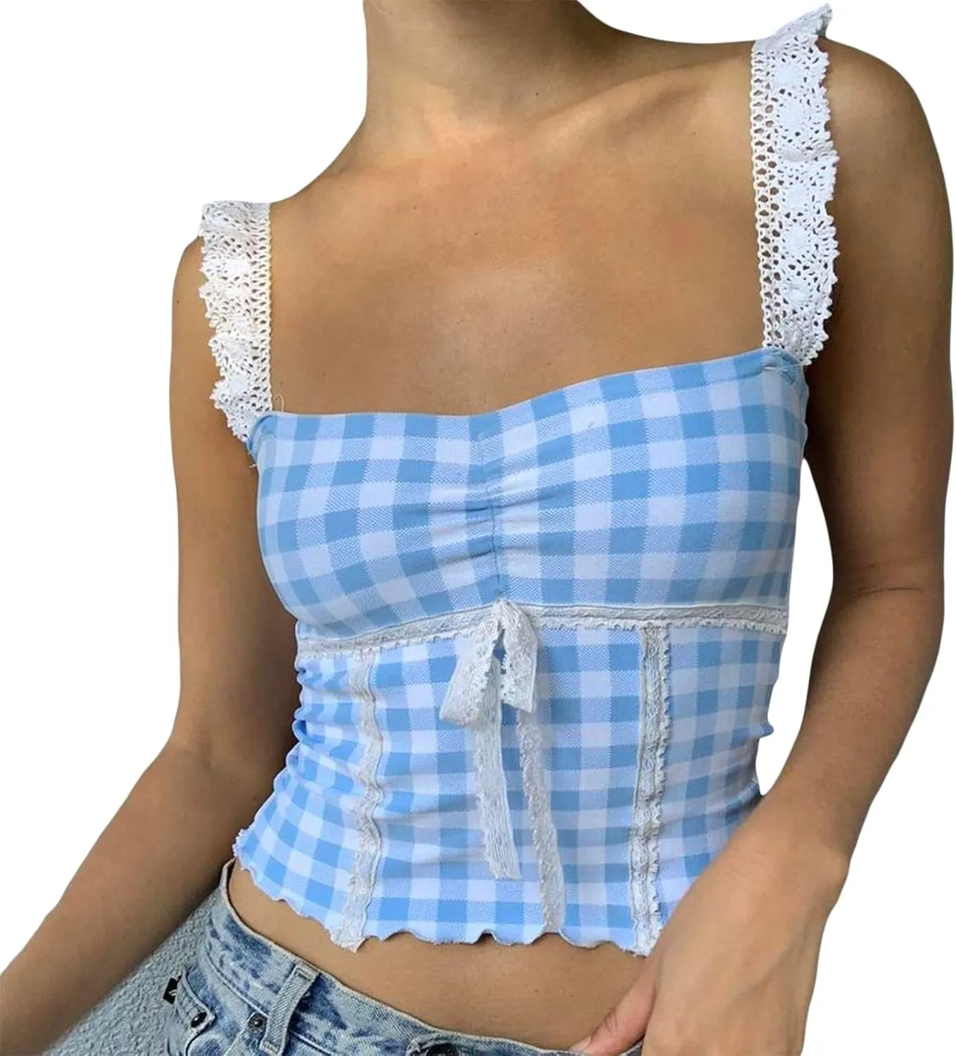Women Sexy Low-Cut Plaid Camisoles Sleeveless Backless Slim Fit Lace Trim Cropped Strappy Tank Tops Streetwear