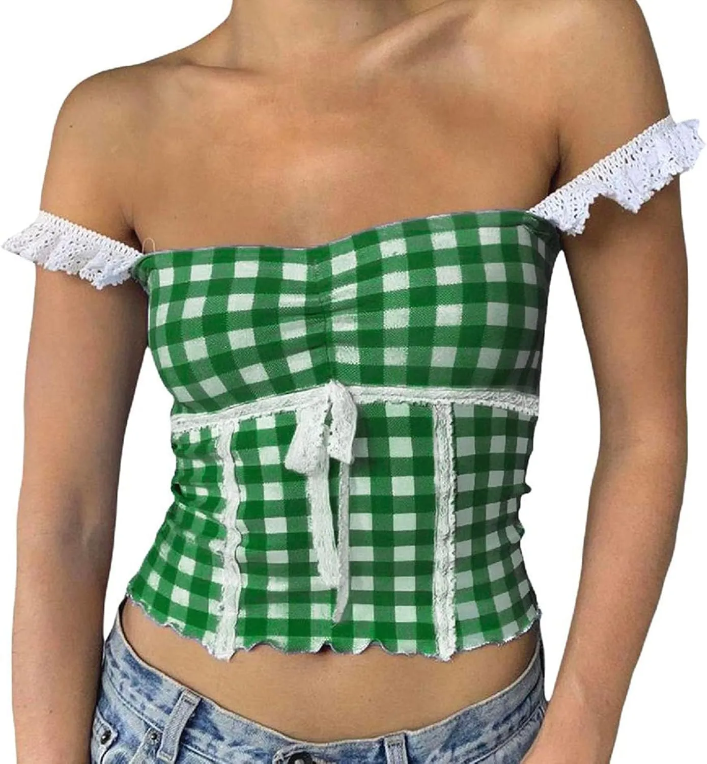 Women Sexy Low-Cut Plaid Camisoles Sleeveless Backless Slim Fit Lace Trim Cropped Strappy Tank Tops Streetwear