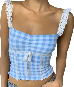 Women Sexy Low-Cut Plaid Camisoles Sleeveless Backless Slim Fit Lace Trim Cropped Strappy Tank Tops Streetwear