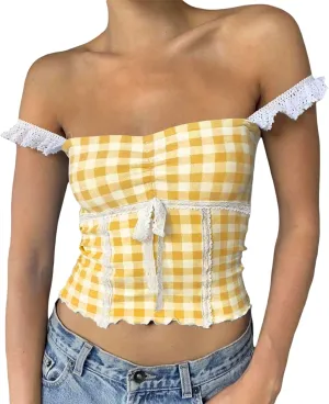Women Sexy Low-Cut Plaid Camisoles Sleeveless Backless Slim Fit Lace Trim Cropped Strappy Tank Tops Streetwear