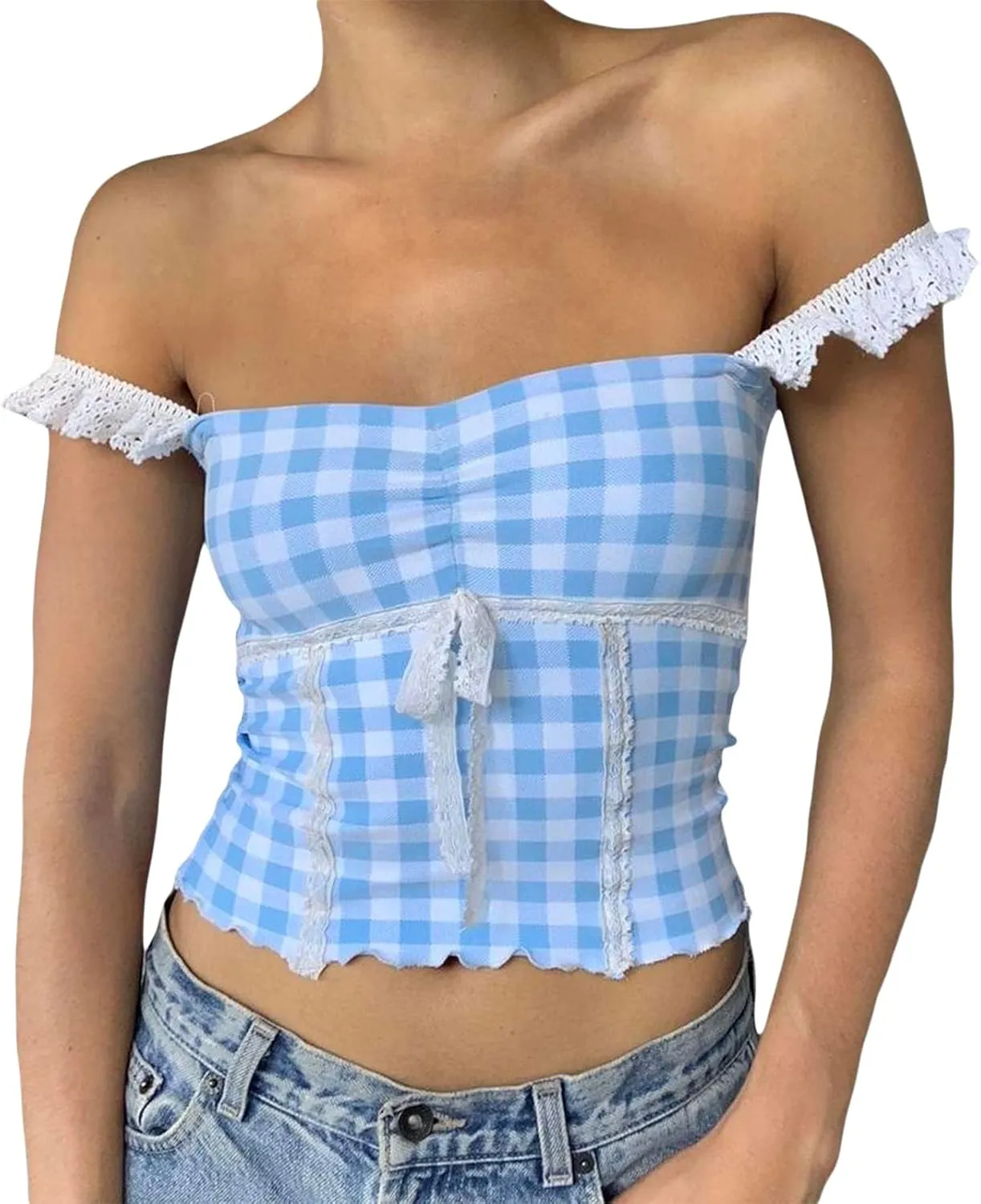 Women Sexy Low-Cut Plaid Camisoles Sleeveless Backless Slim Fit Lace Trim Cropped Strappy Tank Tops Streetwear