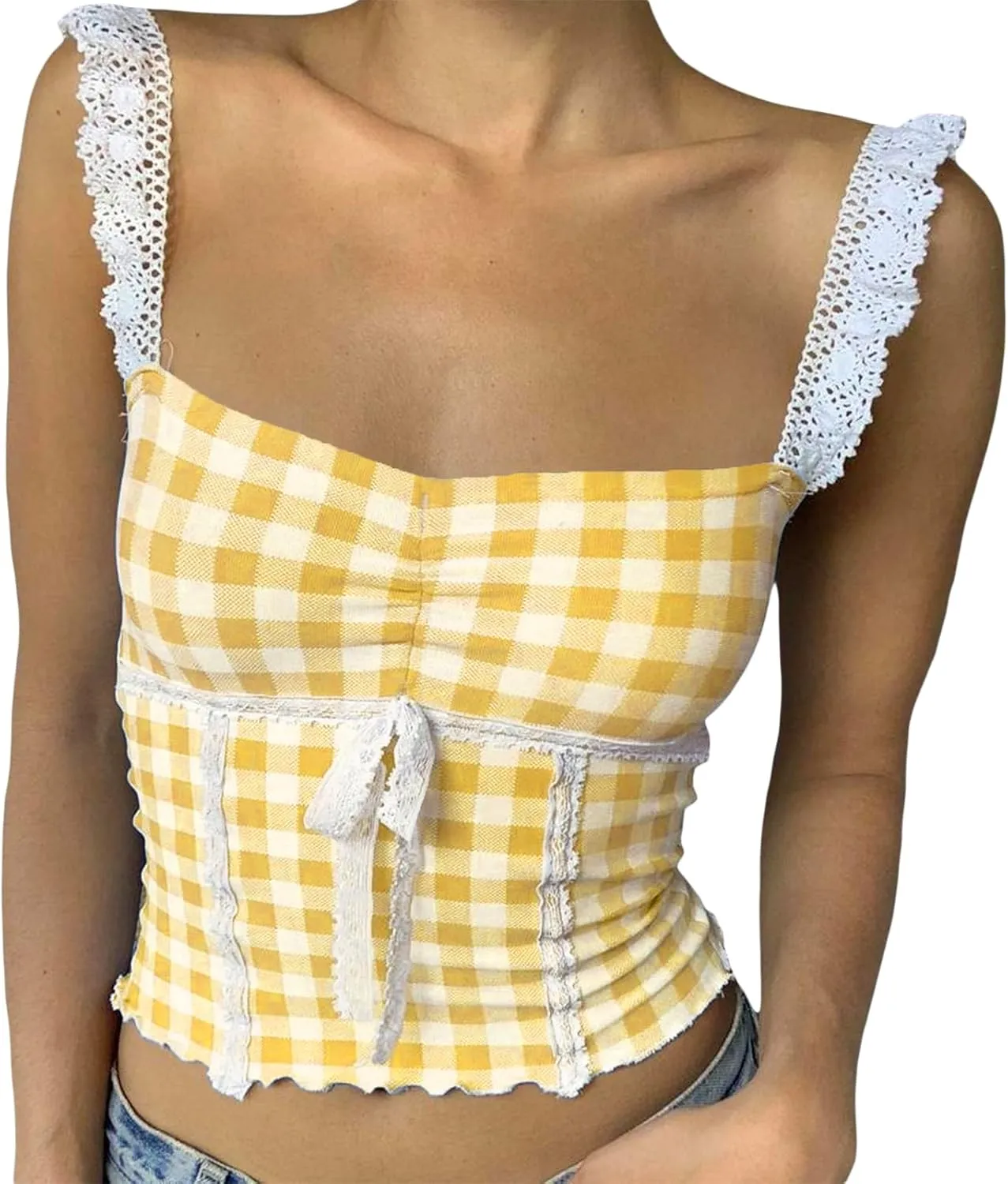Women Sexy Low-Cut Plaid Camisoles Sleeveless Backless Slim Fit Lace Trim Cropped Strappy Tank Tops Streetwear