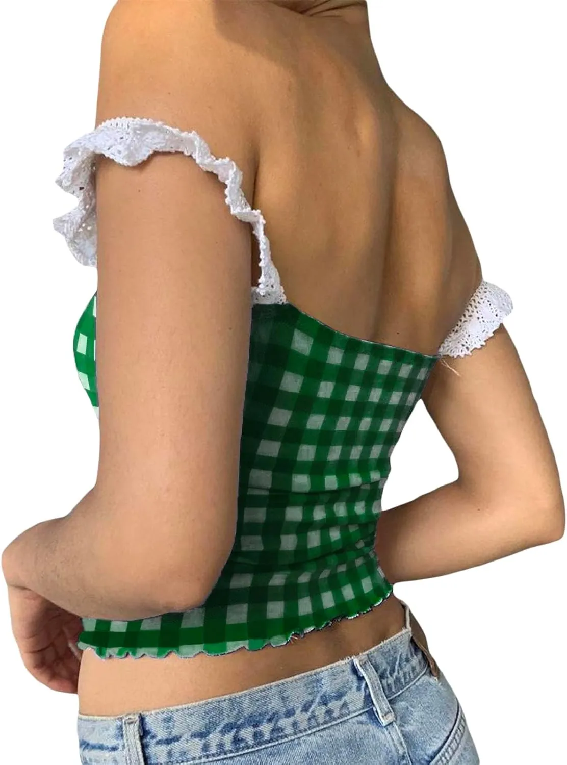 Women Sexy Low-Cut Plaid Camisoles Sleeveless Backless Slim Fit Lace Trim Cropped Strappy Tank Tops Streetwear